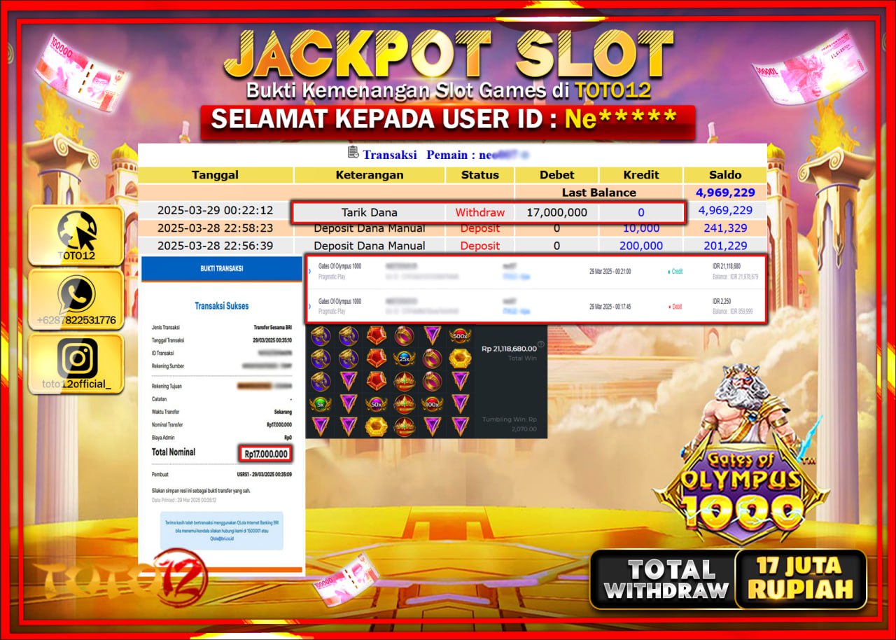 HANYA DI TOTO12 JP PASTI DI BAYAR LUNAS DAN CEPAT!!!!!! JACKPOT SLOT GAME (GATES OF OLYMPUS 1000) Rp.17.000.000 !!!!
