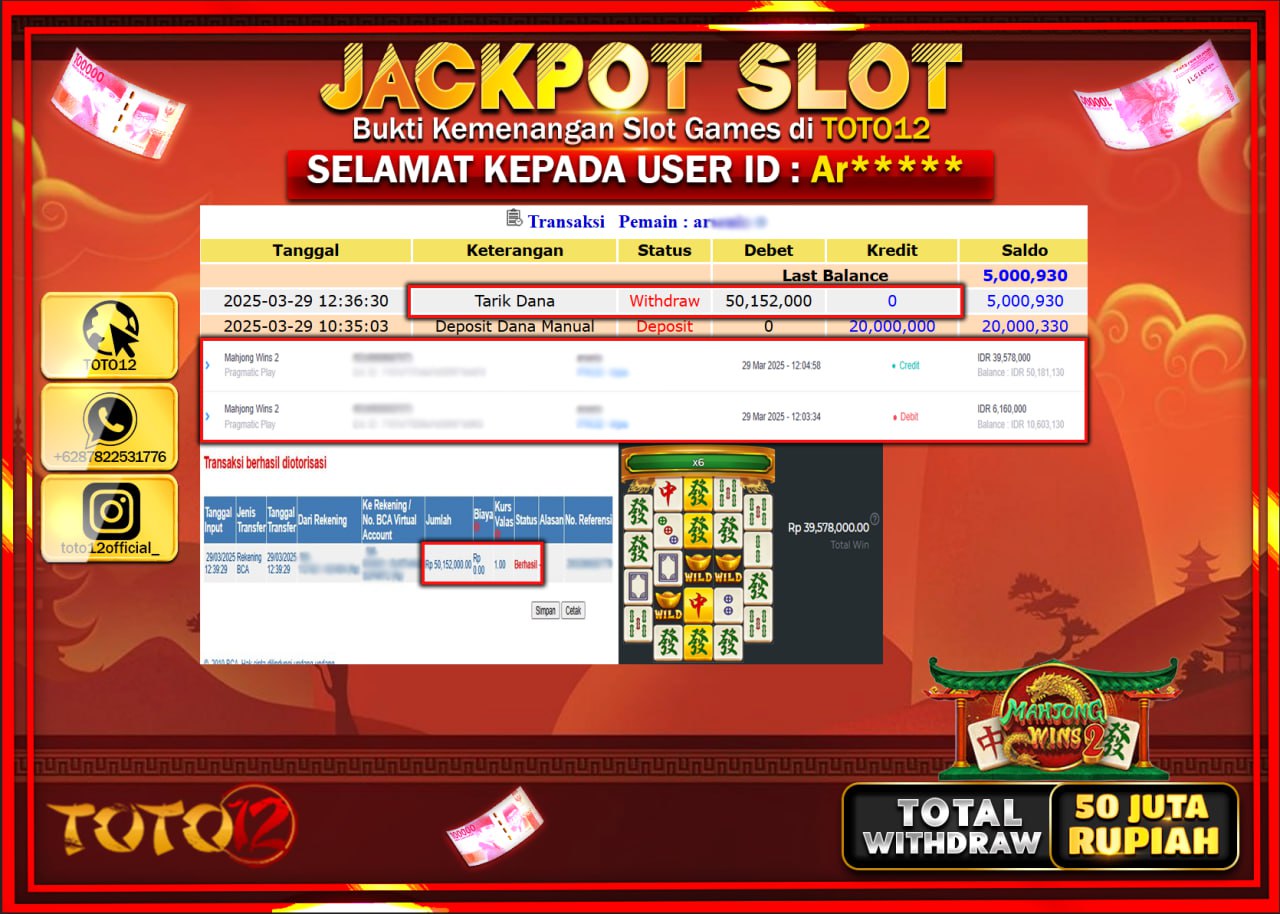 HANYA DI TOTO12 JP PASTI DI BAYAR LUNAS DAN CEPAT!!!!!! JACKPOT SLOT GAME (MAHJONG WINS 2) Rp.50.000.000 !!!!