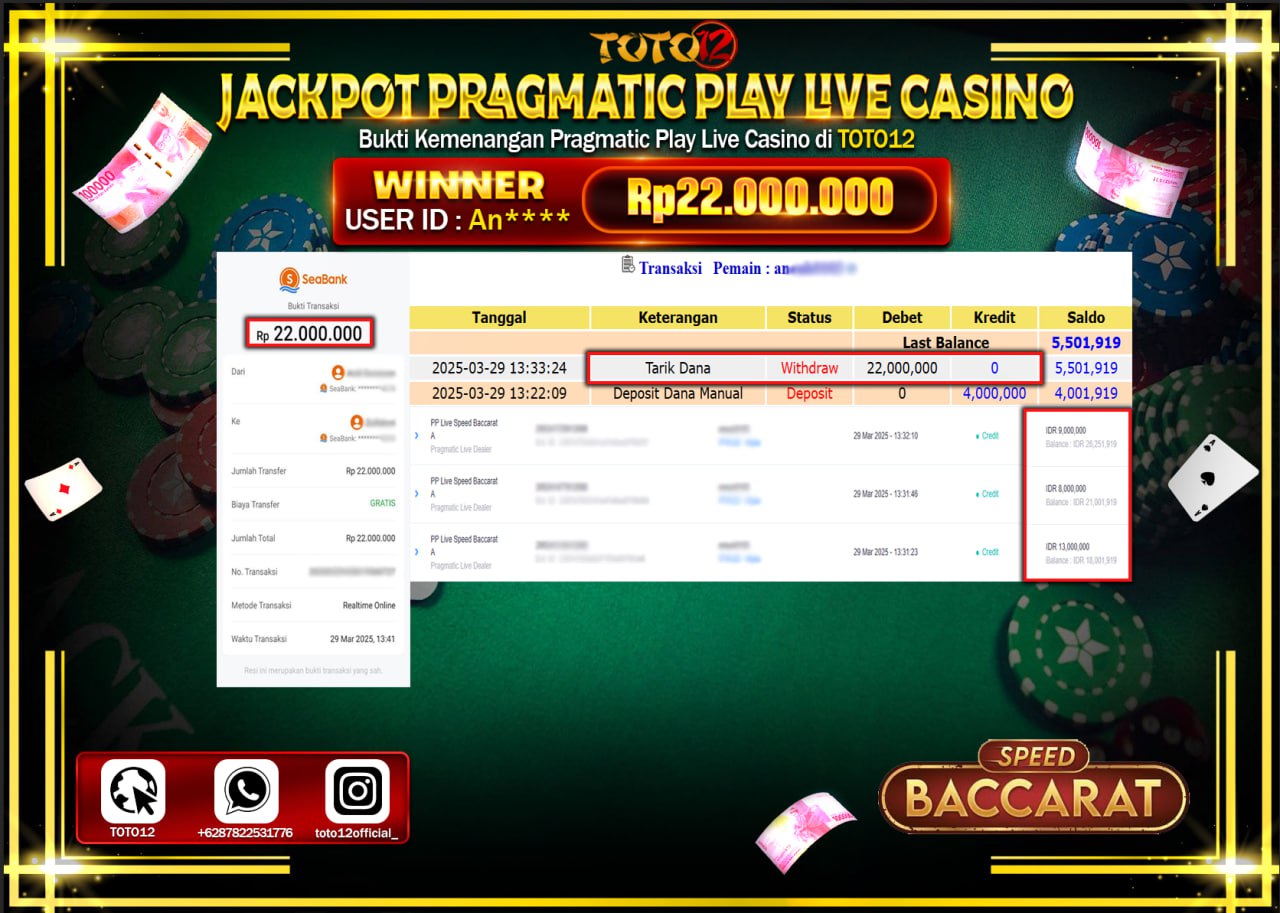 HANYA DI TOTO12 JP PASTI DI BAYAR LUNAS DAN CEPAT!!!!!! JACKPOT PRAGMATIC PLAY LIVE CASINO (SPEED BACCARAT) Rp.22.000.000 !!!!