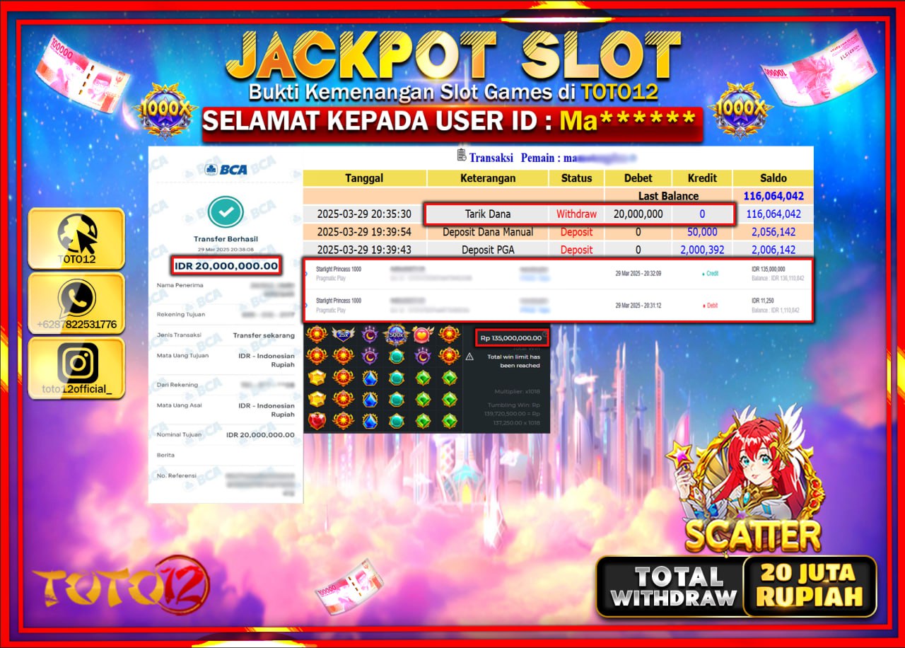 HANYA DI TOTO12 JP PASTI DI BAYAR LUNAS DAN CEPAT!!!!!! JACKPOT SLOT GAME (STARLIGHT PRINCESS 1000) Rp.20.000.000 !!!!