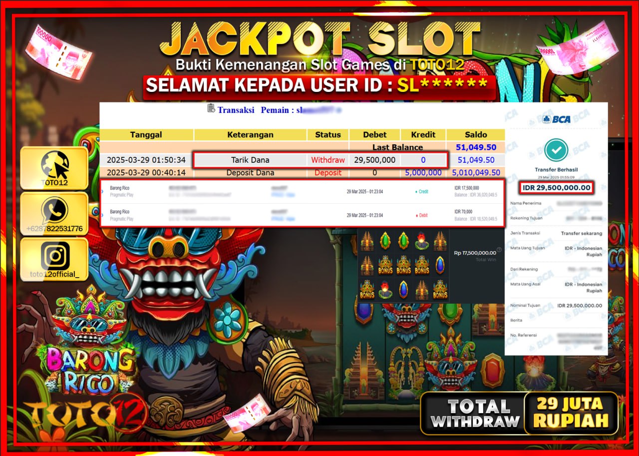 HANYA DI TOTO12 JP PASTI DI BAYAR LUNAS DAN CEPAT!!!!!! JACKPOT SLOT GAME (BARONG RICO) Rp.29.000.000 !!!!