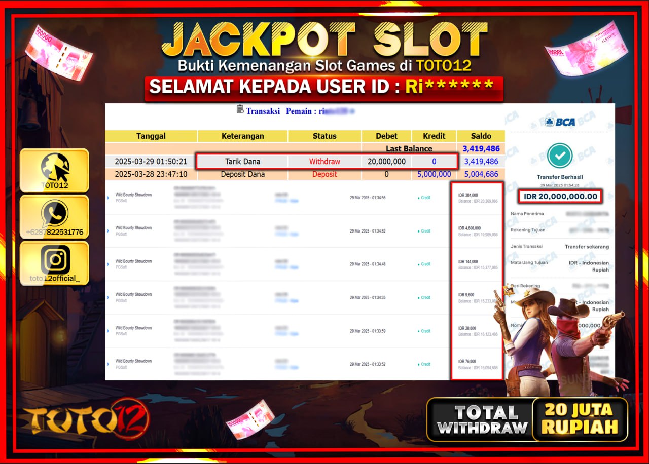 HANYA DI TOTO12 JP PASTI DI BAYAR LUNAS DAN CEPAT!!!!!! JACKPOT SLOT GAME (WILD BOUNTY SHOWDOWN) Rp.20.000.000 !!!!