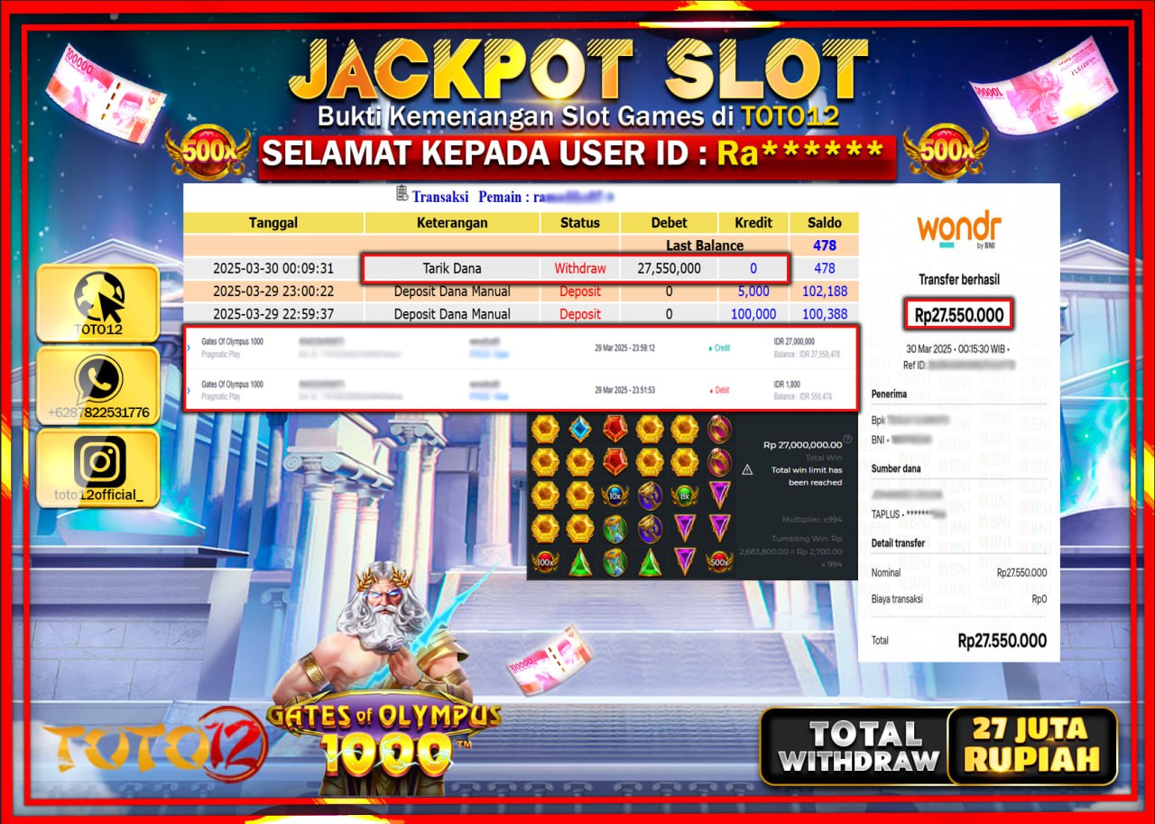 HANYA DI TOTO12 JP PASTI DI BAYAR LUNAS DAN CEPAT!!!!!! JACKPOT SLOT GAME (GATES OF OLYMPUS 1000) Rp.27.000.000 !!!!