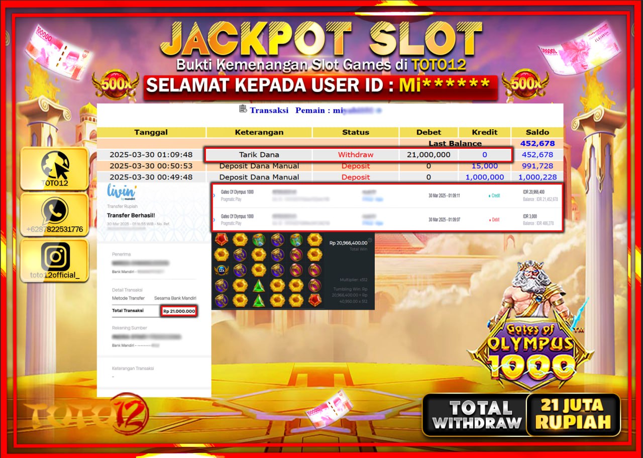 HANYA DI TOTO12 JP PASTI DI BAYAR LUNAS DAN CEPAT!!!!!! JACKPOT SLOT GAME (GATES OF OLYMPUS 1000) Rp.21.000.000 !!!!