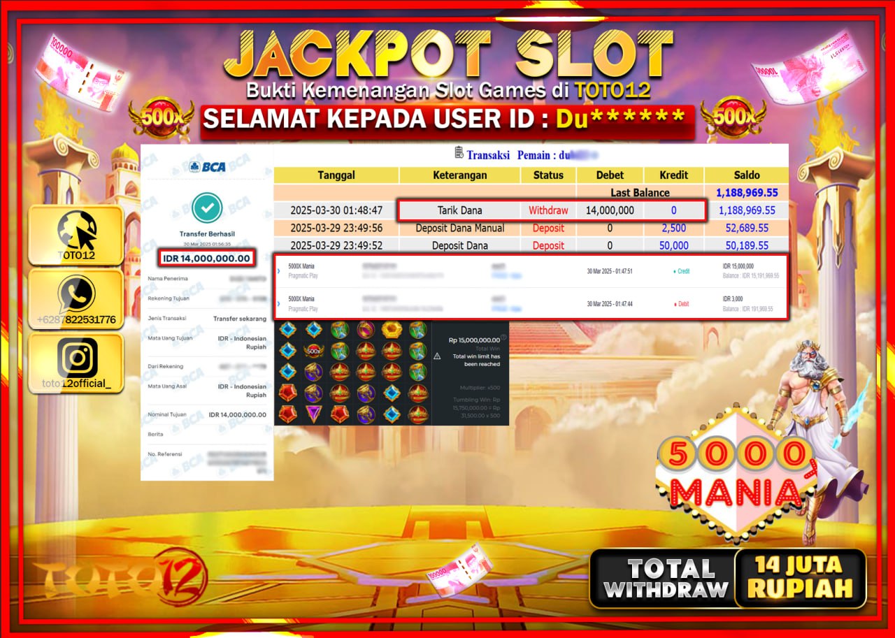 HANYA DI TOTO12 JP PASTI DI BAYAR LUNAS DAN CEPAT!!!!!! JACKPOT SLOT GAME (5000X MANIA) Rp.14.000.000 !!!!