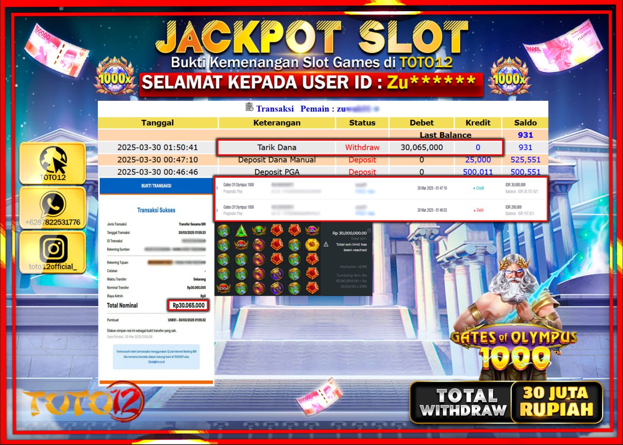 HANYA DI TOTO12 JP PASTI DI BAYAR LUNAS DAN CEPAT!!!!!! JACKPOT SLOT GAME (GATES OF OLYMPUS 1000) Rp.30.000.000 !!!!