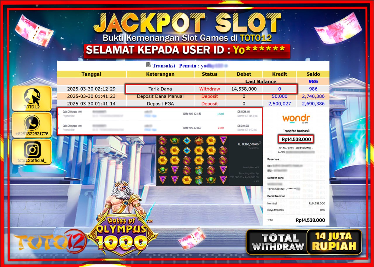 HANYA DI TOTO12 JP PASTI DI BAYAR LUNAS DAN CEPAT!!!!!! JACKPOT SLOT GAME (GATES OF OLYMPUS 1000) Rp.14.000.000 !!!!