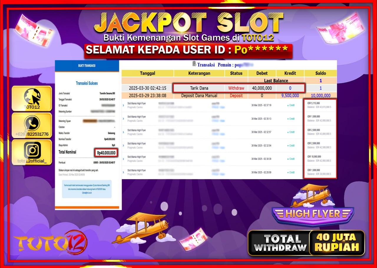 HANYA DI TOTO12 JP PASTI DI BAYAR LUNAS DAN CEPAT!!!!!! JACKPOT SLOT GAME (SLOT MANIA HIGH FLYER) Rp.40.000.000 !!!!