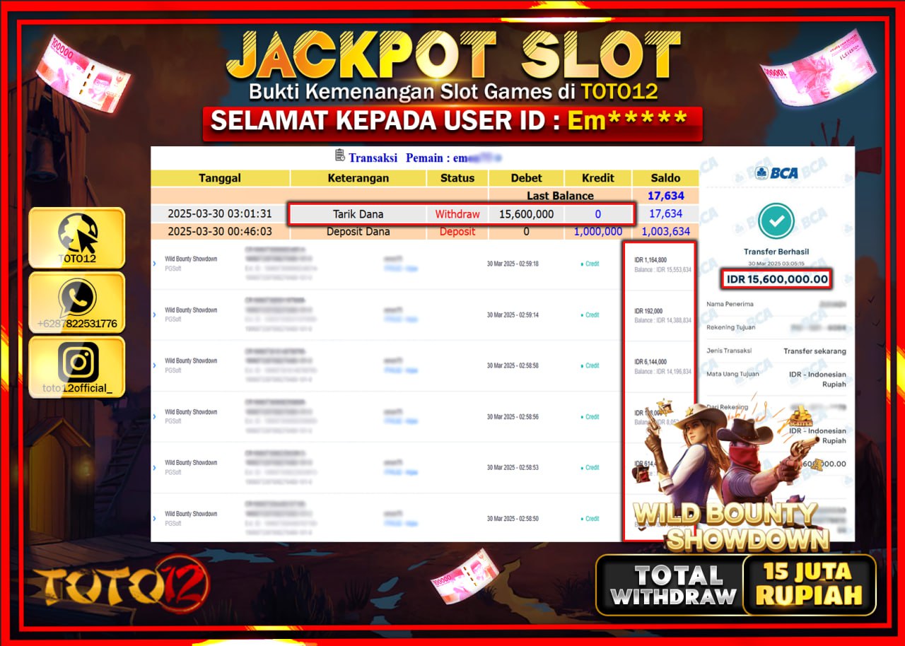 HANYA DI TOTO12 JP PASTI DI BAYAR LUNAS DAN CEPAT!!!!!! JACKPOT SLOT GAME (WILD BOUNTY SHOWDOWN) Rp.15.000.000 !!!!