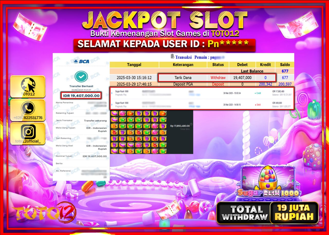 HANYA DI TOTO12 JP PASTI DI BAYAR LUNAS DAN CEPAT!!!!!! JACKPOT SLOT GAME (SUGAR RUSH 1000) Rp.19.000.000 !!!!