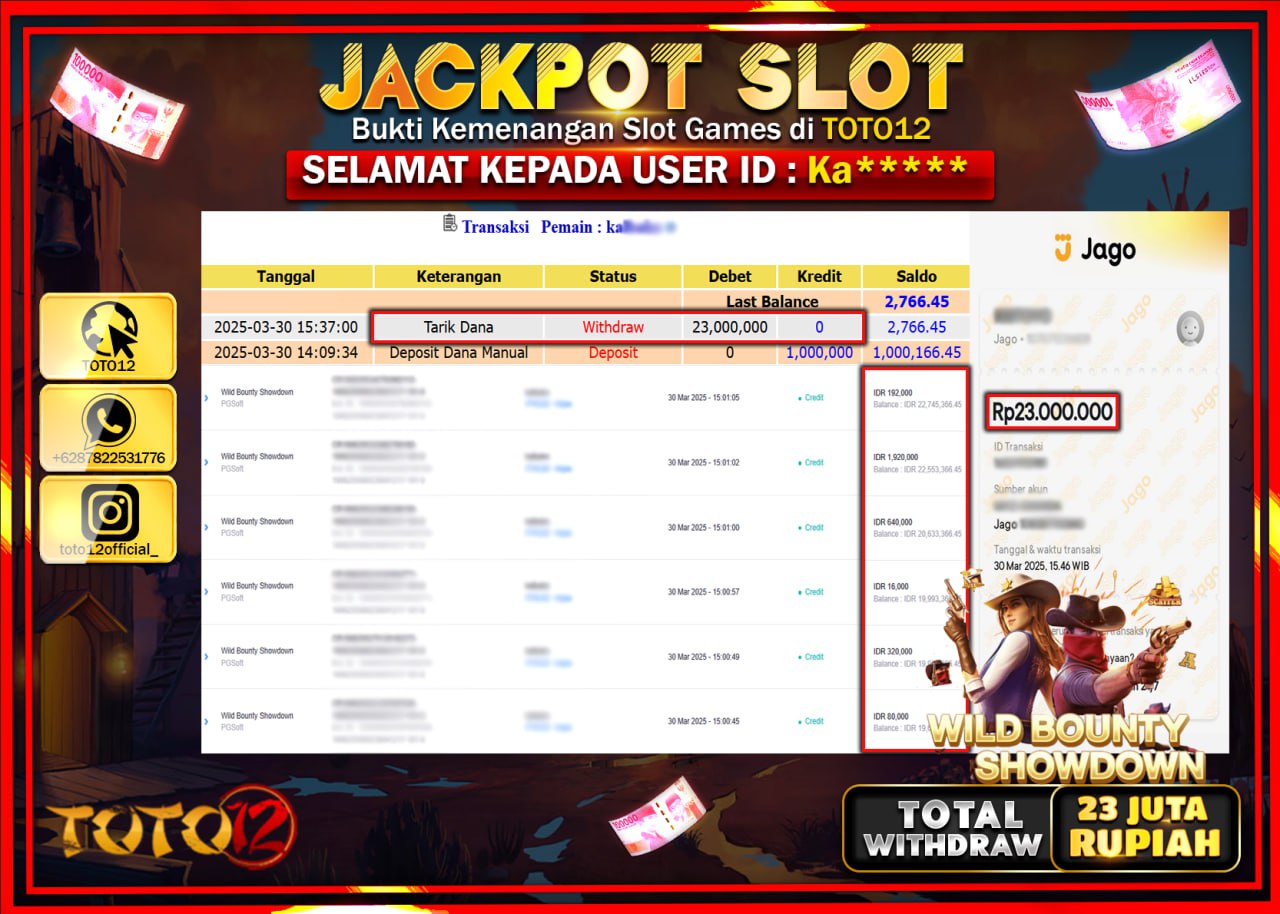 HANYA DI TOTO12 JP PASTI DI BAYAR LUNAS DAN CEPAT!!!!!! JACKPOT SLOT GAME (WILD BOUNTY SHOWDOWN) Rp.23.000.000 !!!!