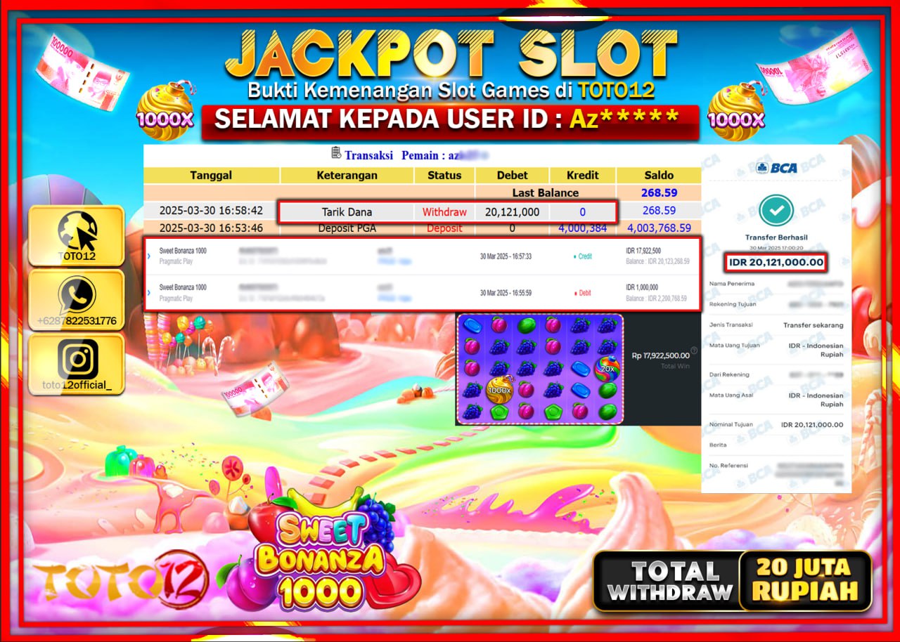 HANYA DI TOTO12 JP PASTI DI BAYAR LUNAS DAN CEPAT!!!!!! JACKPOT SLOT GAME (SWEET BONANZA 1000) Rp.20.000.000 !!!!