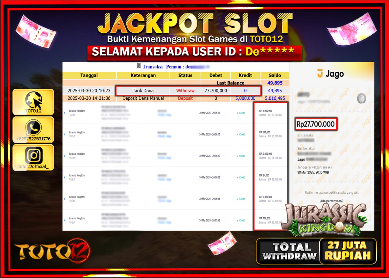 HANYA DI TOTO12 JP PASTI DI BAYAR LUNAS DAN CEPAT!!!!!! JACKPOT SLOT GAME (JURASSIC KINGDOM) Rp.27.000.000 !!!!