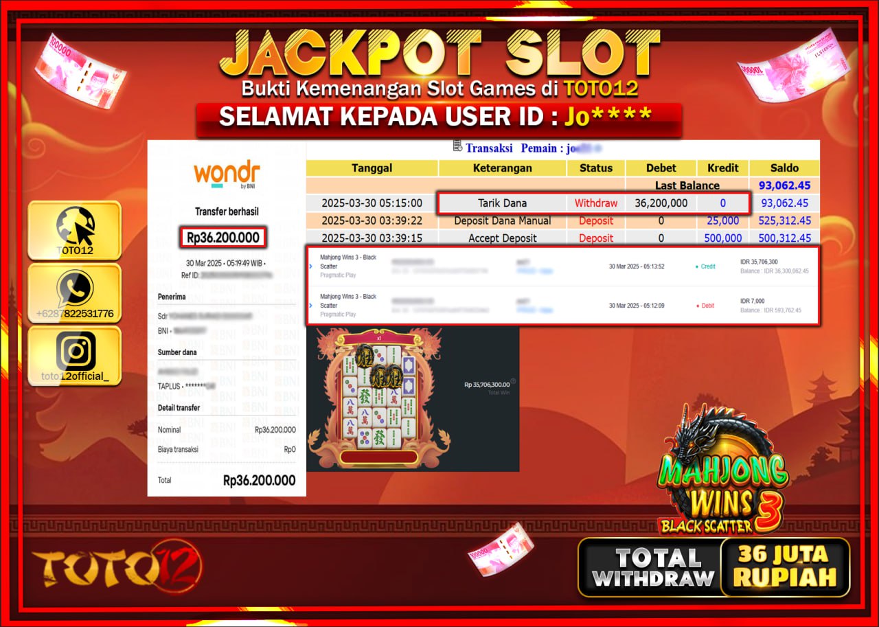 HANYA DI TOTO12 JP PASTI DI BAYAR LUNAS DAN CEPAT!!!!!! JACKPOT SLOT GAME (MAHJONG WINS 3 BLACK SCATTER) Rp.36.000.000 !!!!