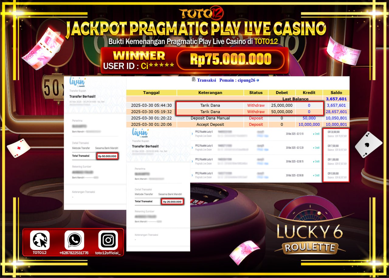 HANYA DI TOTO12 JP PASTI DI BAYAR LUNAS DAN CEPAT!!!!!! JACKPOT PRAGMATIC PLAY LIVE CASINO (ROULETTE LUCKY 6) Rp.75.000.000 !!!!