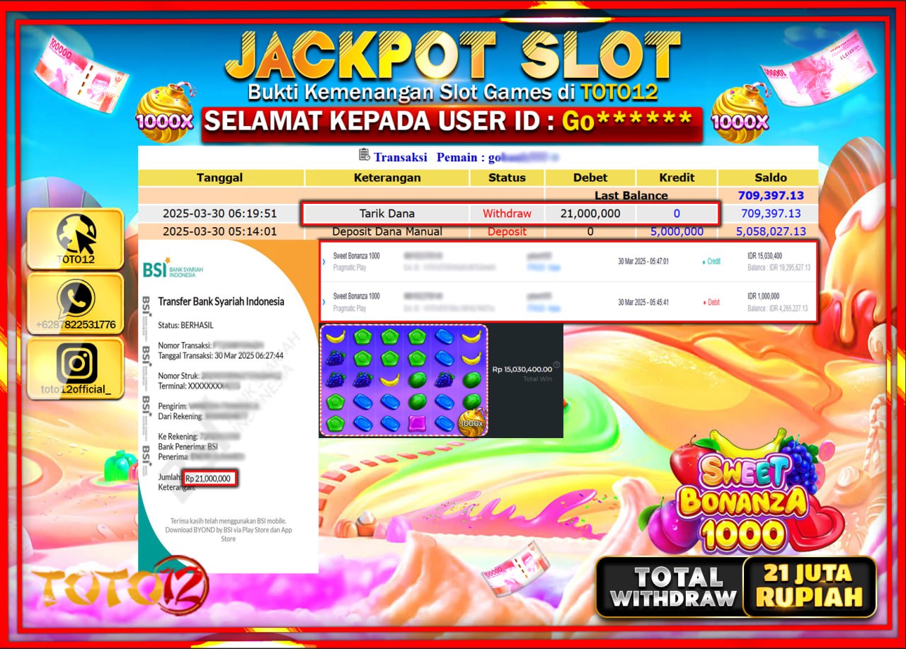 HANYA DI TOTO12 JP PASTI DI BAYAR LUNAS DAN CEPAT!!!!!! JACKPOT SLOT GAME (SWEET BONANZA 1000) Rp.21.000.000 !!!!