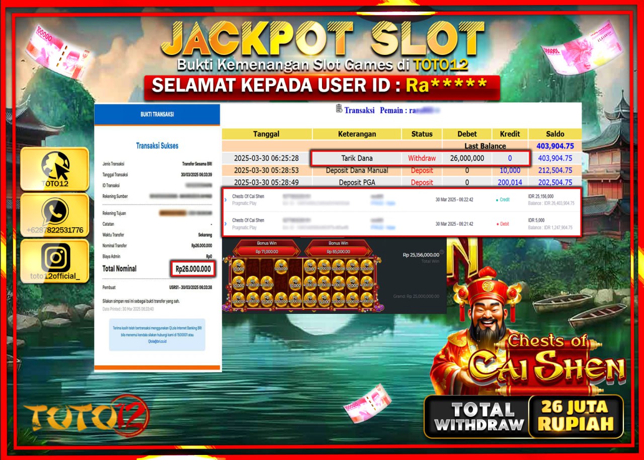 HANYA DI TOTO12 JP PASTI DI BAYAR LUNAS DAN CEPAT!!!!!! JACKPOT SLOT GAME (CHESTS OF CAI SHEN) Rp.26.000.000 !!!!