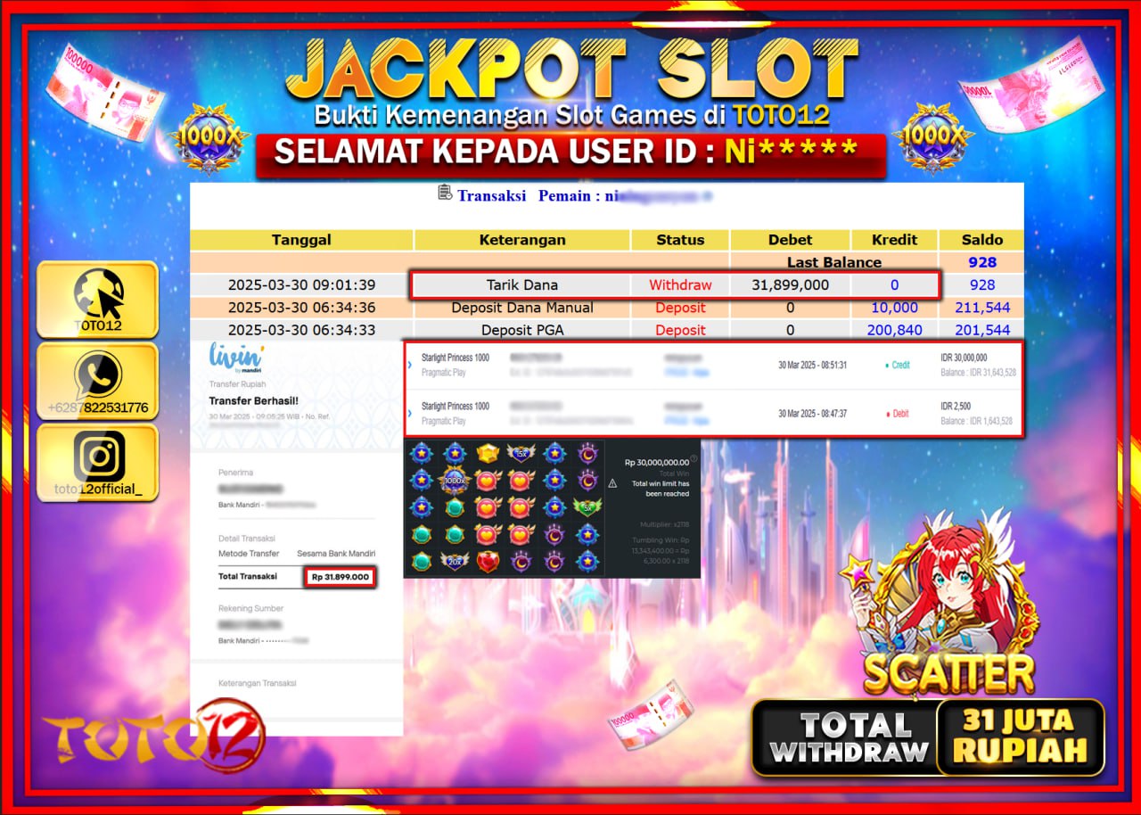 HANYA DI TOTO12 JP PASTI DI BAYAR LUNAS DAN CEPAT!!!!!! JACKPOT SLOT GAME (STARLIGHT PRINCESS 1000) Rp.31.000.000 !!!!