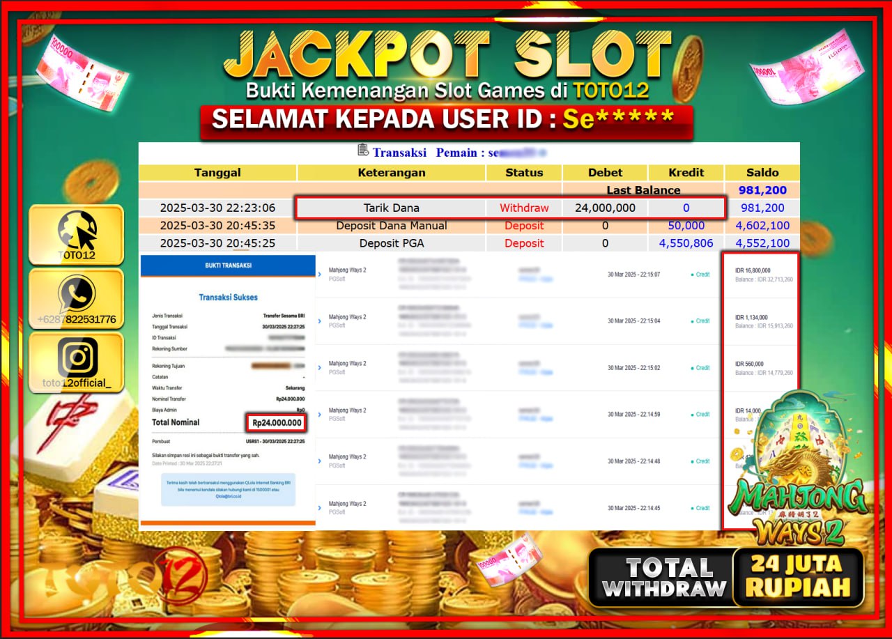 HANYA DI TOTO12 JP PASTI DI BAYAR LUNAS DAN CEPAT!!!!!! JACKPOT SLOT GAME (MAHJONG WAYS 2) Rp.24.000.000 !!!!