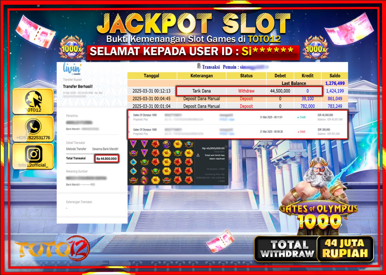 HANYA DI TOTO12 JP PASTI DI BAYAR LUNAS DAN CEPAT!!!!!! JACKPOT SLOT GAME (GATES OF OLYMPUS 1000) Rp.44.000.000 !!!!