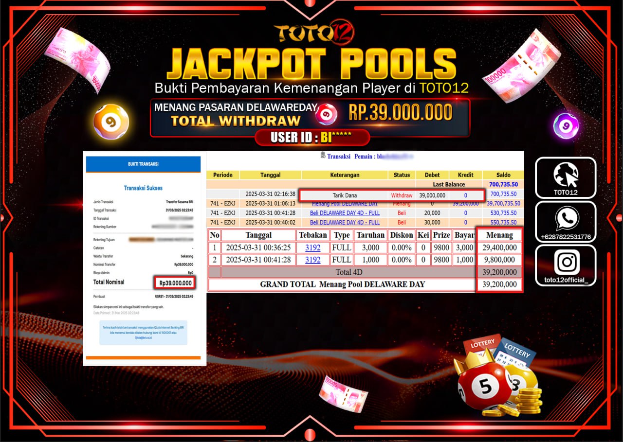 HANYA DI TOTO12 JP PASTI DI BAYAR LUNAS DAN CEPAT!!!!!! JACKPOT POOLS PASARAN (DELAWAREDAY) Rp.39.000.000 !!!!