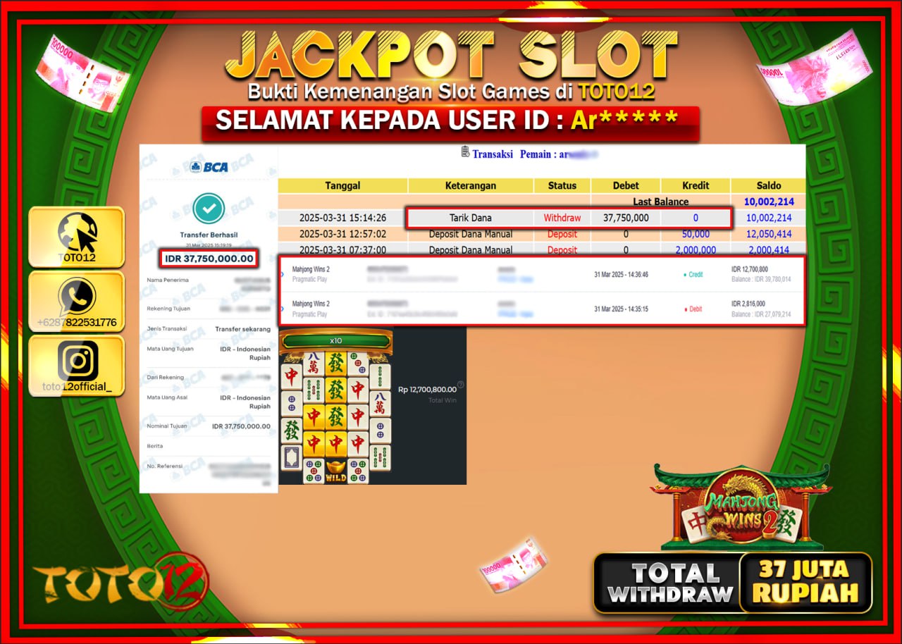 HANYA DI TOTO12 JP PASTI DI BAYAR LUNAS DAN CEPAT!!!!!! JACKPOT SLOT GAME (MAHJONG WINS 2) Rp.37.000.000 !!!!