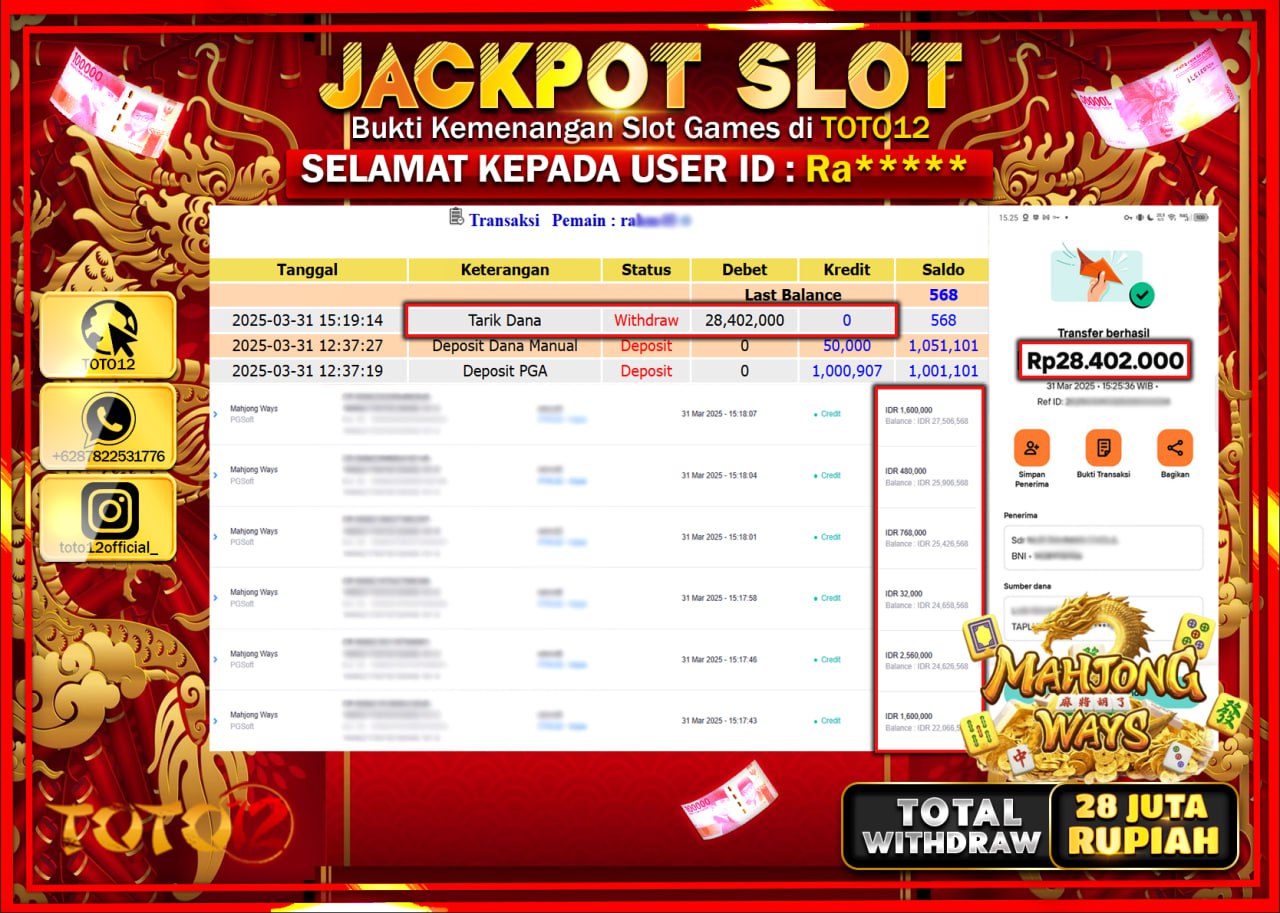 HANYA DI TOTO12 JP PASTI DI BAYAR LUNAS DAN CEPAT!!!!!! JACKPOT SLOT GAME (MAHJONG WAYS) Rp.28.000.000 !!!!