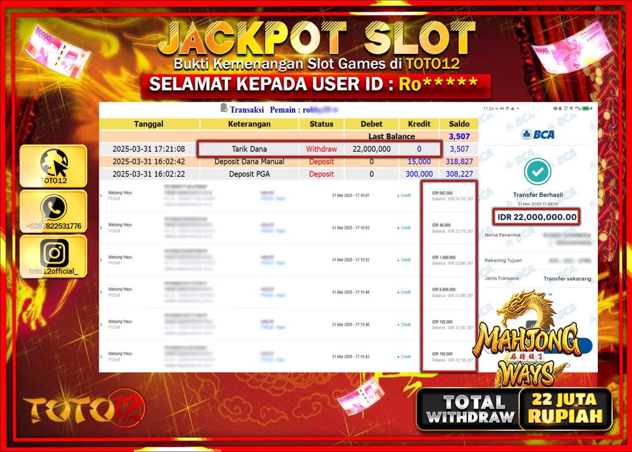 HANYA DI TOTO12 JP PASTI DI BAYAR LUNAS DAN CEPAT!!!!!! JACKPOT SLOT GAME (MAHJONG WAYS) Rp.22.000.000 !!!!
