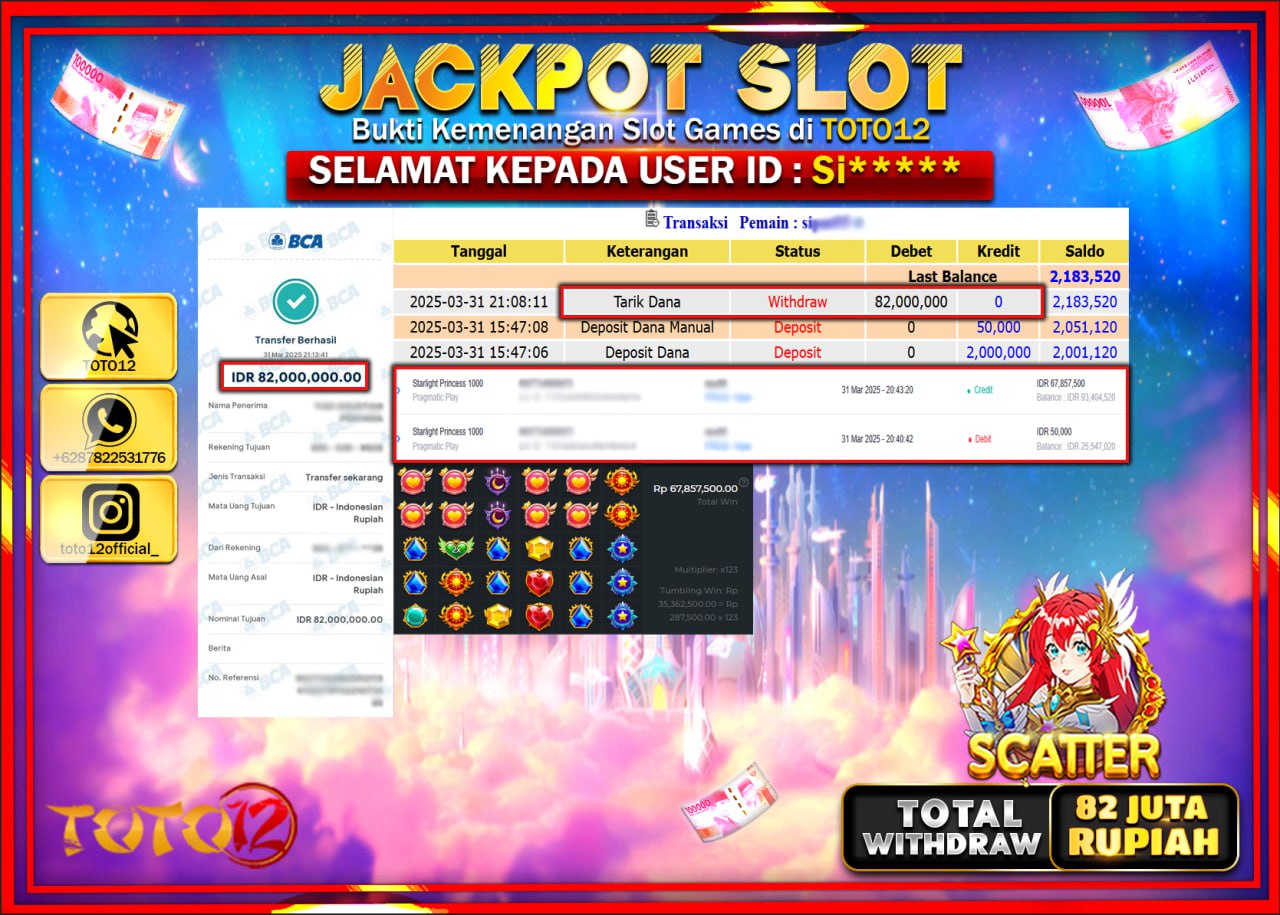 HANYA DI TOTO12 JP PASTI DI BAYAR LUNAS DAN CEPAT!!!!!! JACKPOT SLOT GAME (STARLIGHT PRINCESS 1000) Rp.82.000.000 !!!!