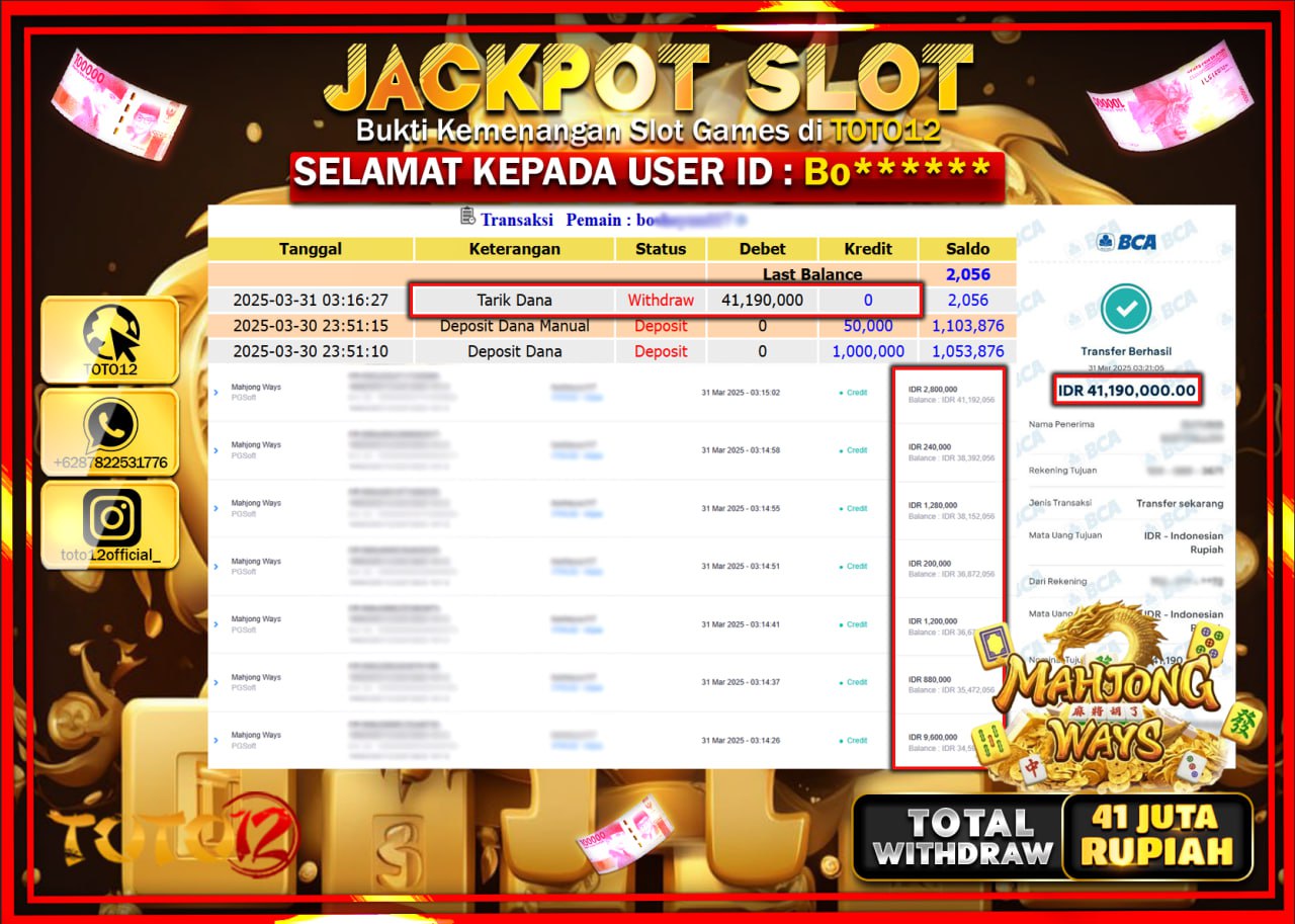 HANYA DI TOTO12 JP PASTI DI BAYAR LUNAS DAN CEPAT!!!!!! JACKPOT SLOT GAME (MAHJONG WAYS) Rp.41.000.000 !!!!
