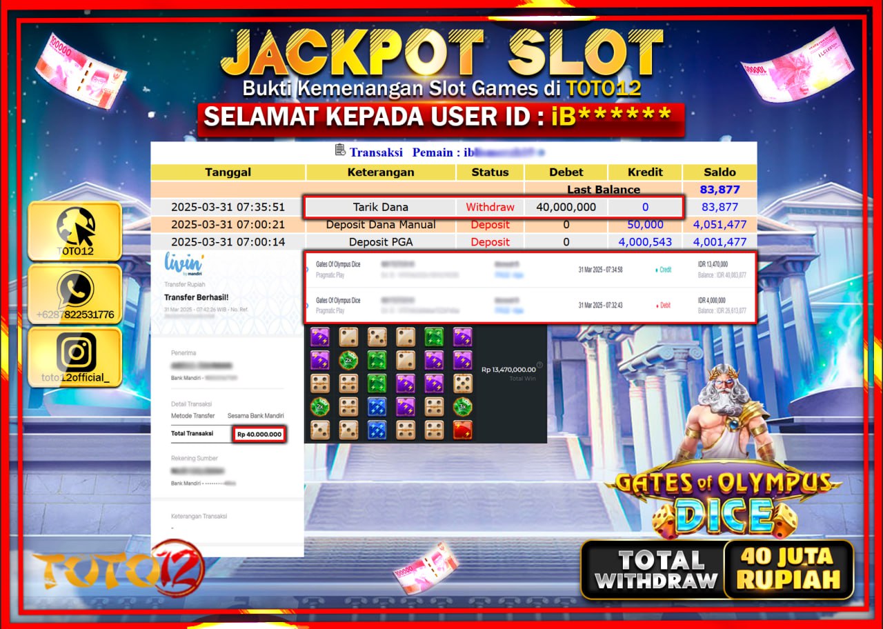 HANYA DI TOTO12 JP PASTI DI BAYAR LUNAS DAN CEPAT!!!!!! JACKPOT SLOT GAME (GATES OF OLYMPUS DICE) Rp.40.000.000 !!!!