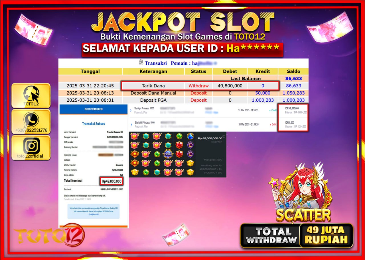 HANYA DI TOTO12 JP PASTI DI BAYAR LUNAS DAN CEPAT!!!!!! JACKPOT SLOT GAME (STARLIGHT PRINCESS 1000) Rp.49.000.000 !!!!