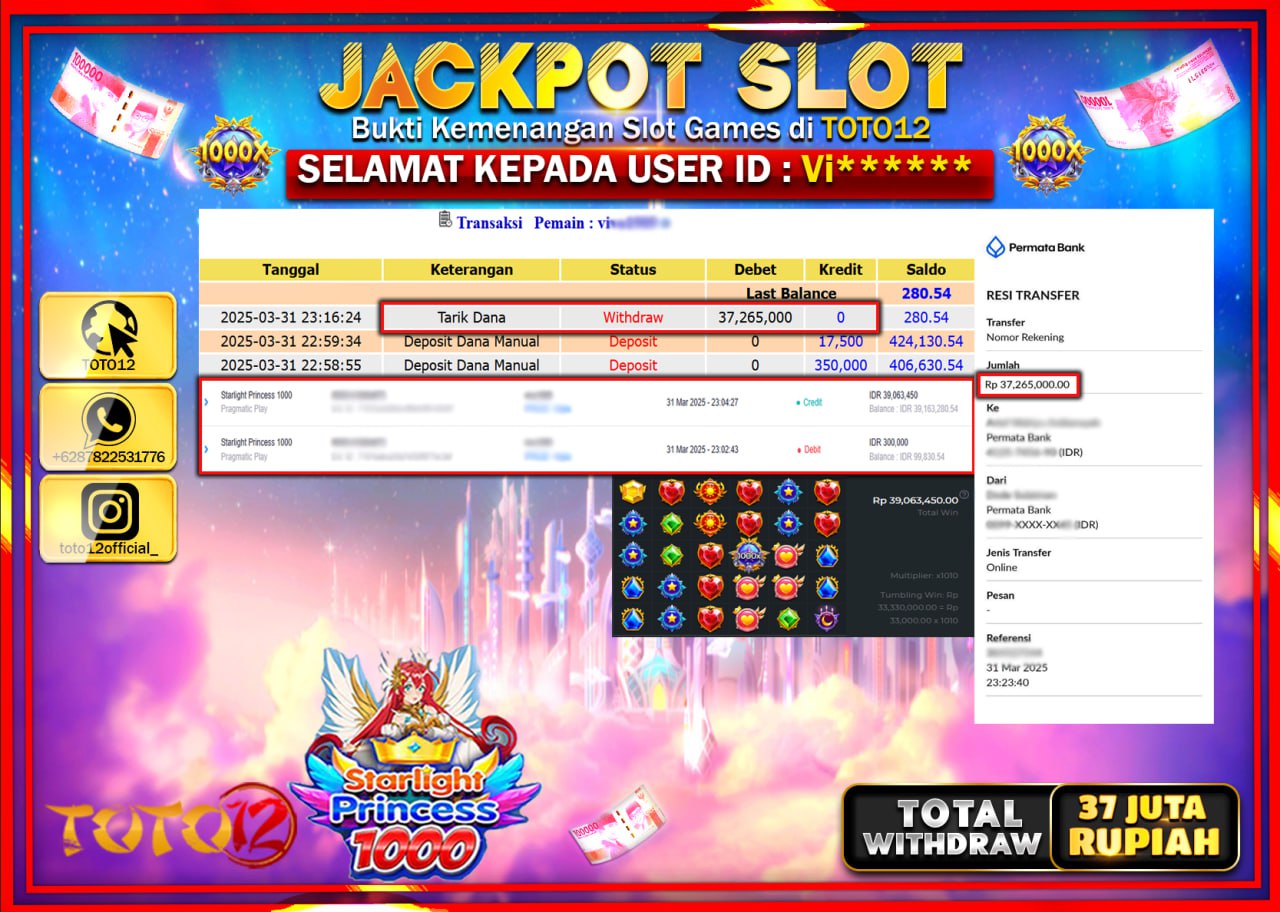 HANYA DI TOTO12 JP PASTI DI BAYAR LUNAS DAN CEPAT!!!!!! JACKPOT SLOT GAME (STARLIGHT PRINCESS 1000) Rp.37.000.000 !!!!