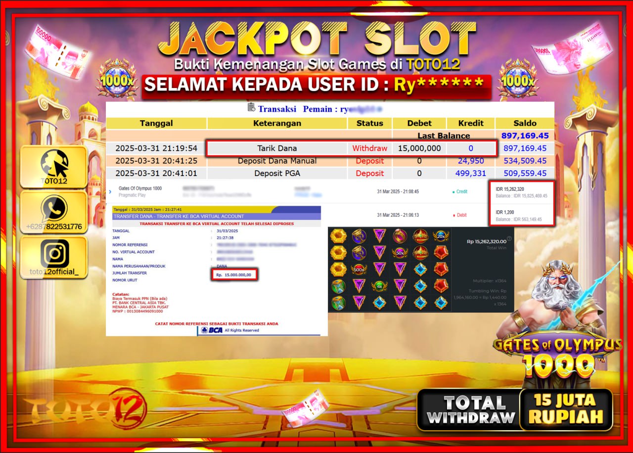 HANYA DI TOTO12 JP PASTI DI BAYAR LUNAS DAN CEPAT!!!!!! JACKPOT SLOT GAME (GATES OF OLYMPUS 1000) Rp.15.000.000 !!!!