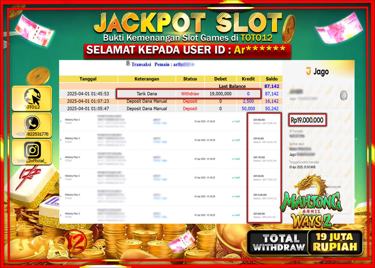 HANYA DI TOTO12 JP PASTI DI BAYAR LUNAS DAN CEPAT!!!!!! JACKPOT SLOT GAME (MAHJONG WAYS 2) Rp.19.000.000 !!!!
