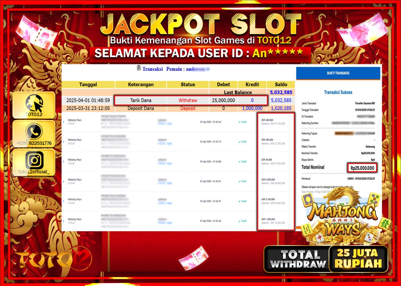 HANYA DI TOTO12 JP PASTI DI BAYAR LUNAS DAN CEPAT!!!!!! JACKPOT SLOT GAME (MAHJONG WAYS) Rp.25.000.000 !!!!