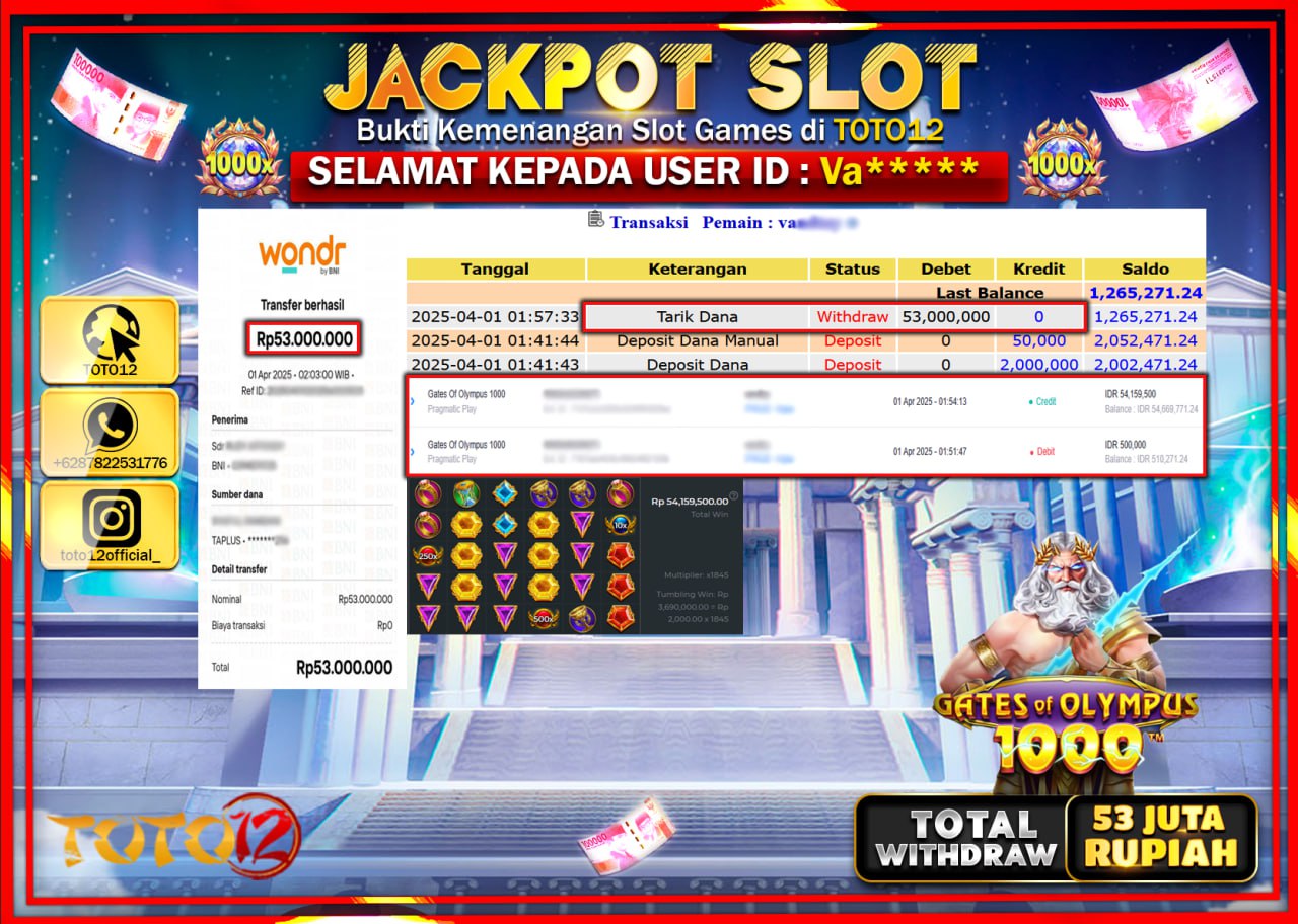 HANYA DI TOTO12 JP PASTI DI BAYAR LUNAS DAN CEPAT!!!!!! JACKPOT SLOT GAME (GATES OF OLYMPUS 1000) Rp.53.000.000 !!!!