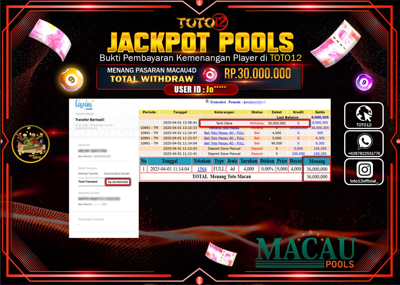 HANYA DI TOTO12 JP PASTI DI BAYAR LUNAS DAN CEPAT!!!!!! JACKPOT POOLS PASARAN (TOTO MACAU4D) Rp.30.000.000 !!!!