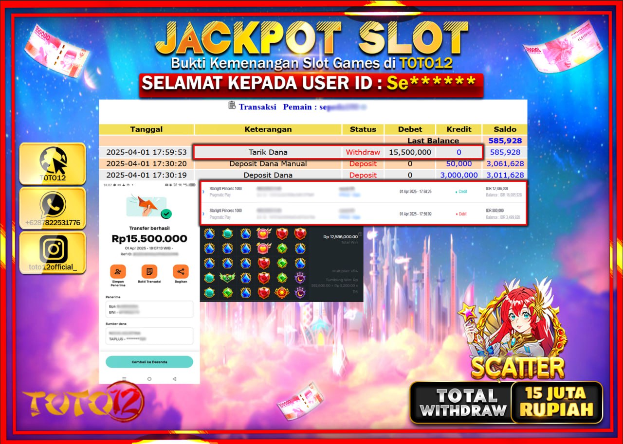 HANYA DI TOTO12 JP PASTI DI BAYAR LUNAS DAN CEPAT!!!!!! JACKPOT SLOT GAME (STARLIGHT PRINCESS 1000) Rp.15.000.000 !!!!