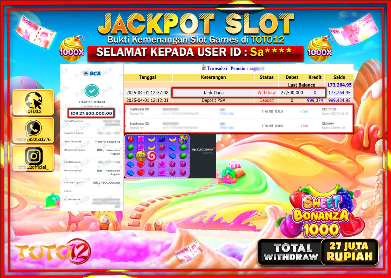 HANYA DI TOTO12 JP PASTI DI BAYAR LUNAS DAN CEPAT!!!!!! JACKPOT SLOT GAME (SWEET BONANZA 1000) Rp.27.000.000 !!!!