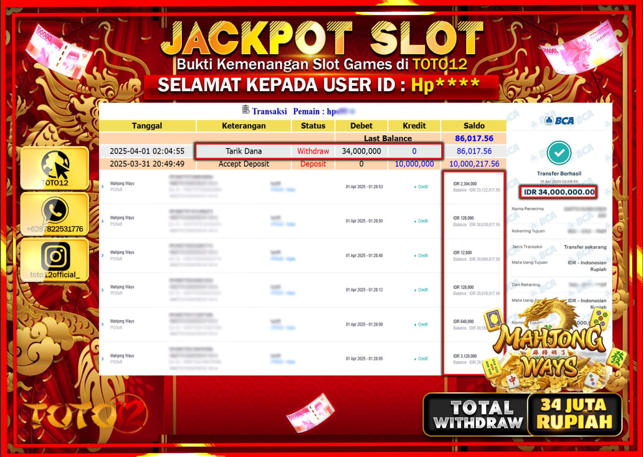HANYA DI TOTO12 JP PASTI DI BAYAR LUNAS DAN CEPAT!!!!!! JACKPOT SLOT GAME (MAHJONG WAYS) Rp.34.000.000 !!!!