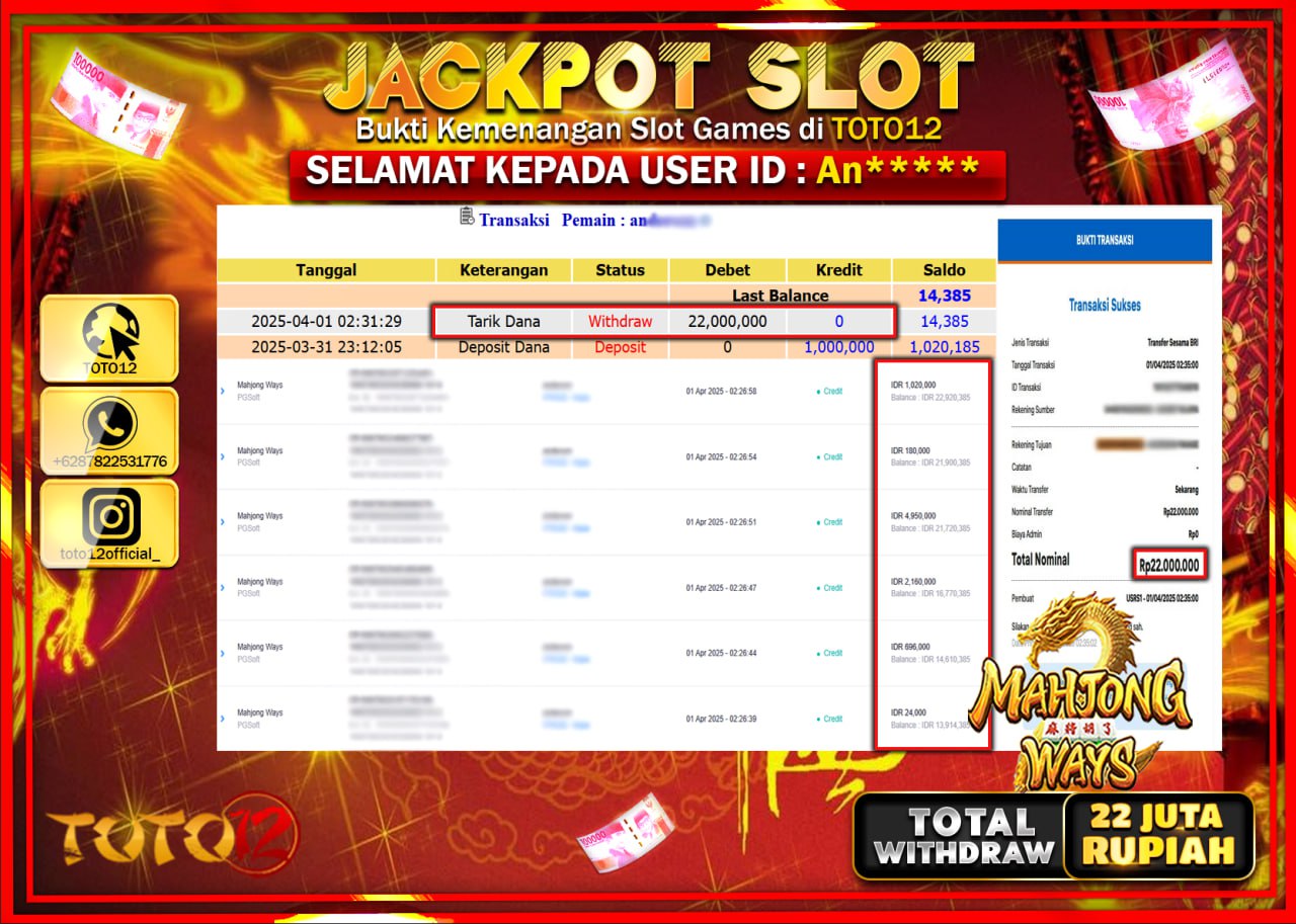 HANYA DI TOTO12 JP PASTI DI BAYAR LUNAS DAN CEPAT!!!!!! JACKPOT SLOT GAME (MAHJONG WAYS) Rp.22.000.000 !!!!