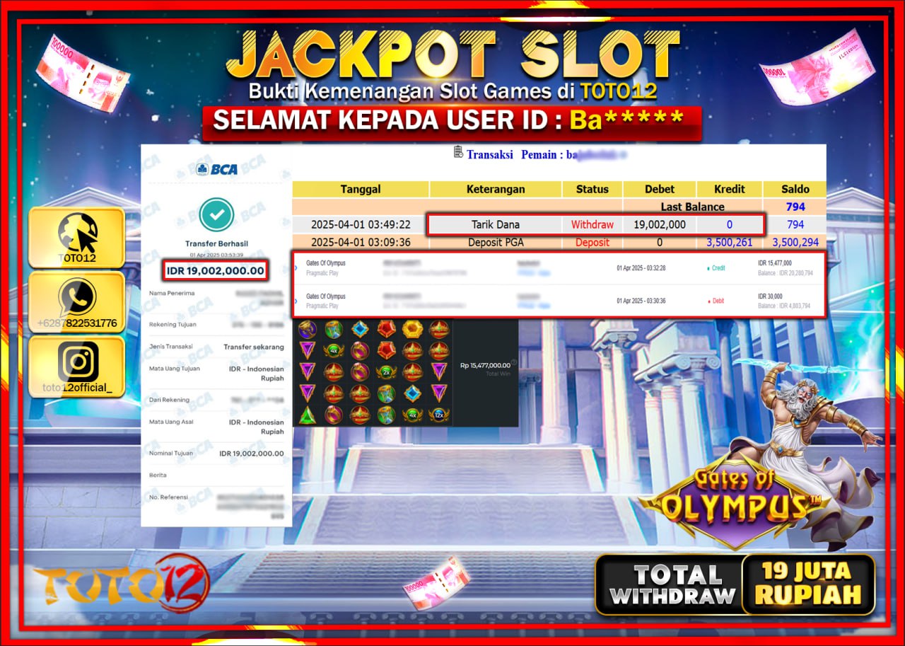 HANYA DI TOTO12 JP PASTI DI BAYAR LUNAS DAN CEPAT!!!!!! JACKPOT SLOT GAME (GATES OF OLYMPUS) Rp.19.000.000 !!!!
