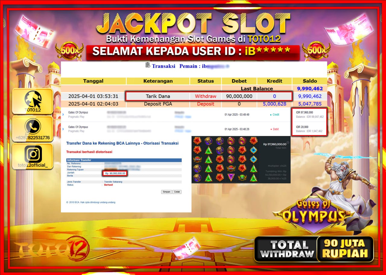 HANYA DI TOTO12 JP PASTI DI BAYAR LUNAS DAN CEPAT!!!!!! JACKPOT SLOT GAME (GATES OF OLYMPUS) Rp.90.000.000 !!!!