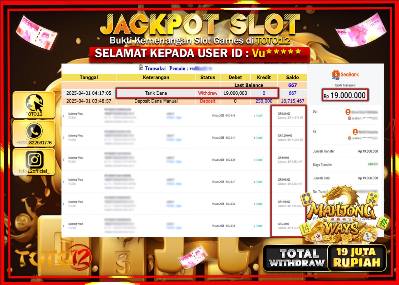 HANYA DI TOTO12 JP PASTI DI BAYAR LUNAS DAN CEPAT!!!!!! JACKPOT SLOT GAME (MAHJONG WAYS) Rp.19.000.000 !!!!