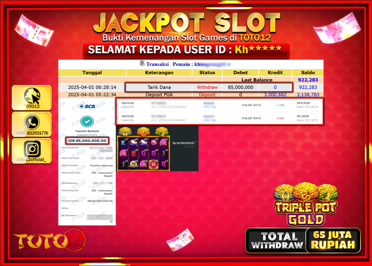 HANYA DI TOTO12 JP PASTI DI BAYAR LUNAS DAN CEPAT!!!!!! JACKPOT SLOT GAME (TRIPLE POT GOLD) Rp.65.000.000 !!!!