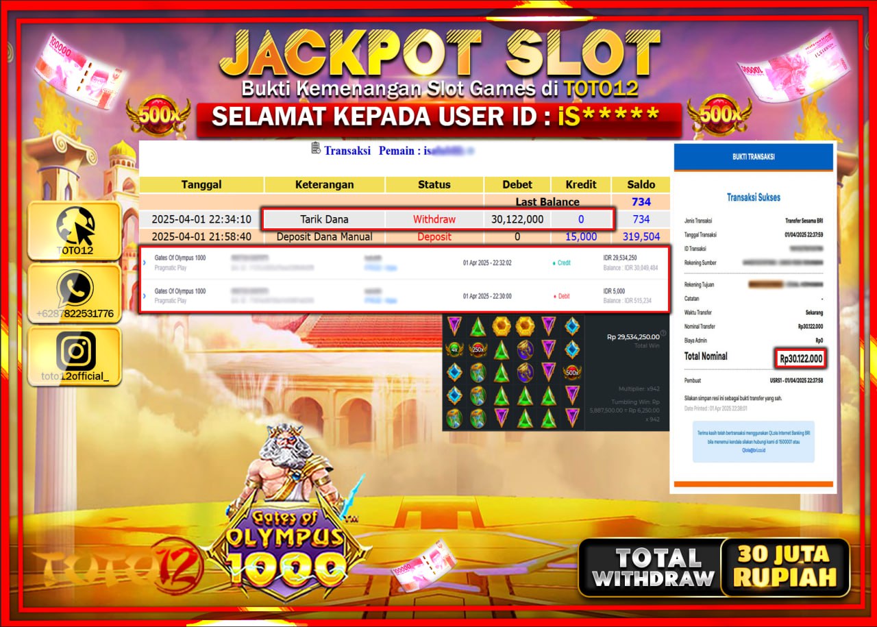 HANYA DI TOTO12 JP PASTI DI BAYAR LUNAS DAN CEPAT!!!!!! JACKPOT SLOT GAME (GATES OF OLYMPUS 1000) Rp.30.000.000 !!!!