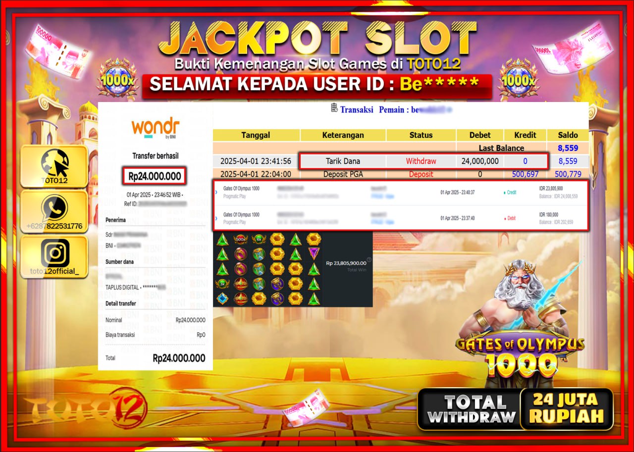 HANYA DI TOTO12 JP PASTI DI BAYAR LUNAS DAN CEPAT!!!!!! JACKPOT SLOT GAME (GATES OF OLYMPUS 1000  Rp.24.000.000 !!!!