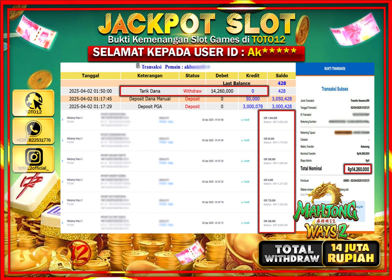 HANYA DI TOTO12 JP PASTI DI BAYAR LUNAS DAN CEPAT!!!!!! JACKPOT SLOT GAME (MAHJONG WAYS 2) Rp.14.000.000 !!!!