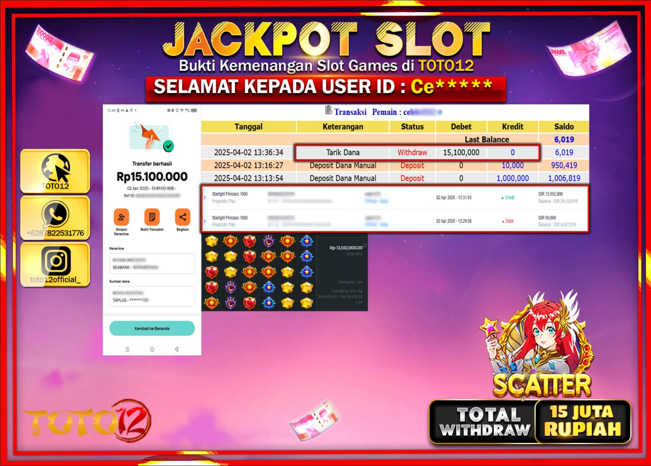 HANYA DI TOTO12 JP PASTI DI BAYAR LUNAS DAN CEPAT!!!!!! JACKPOT SLOT GAME (STARLIGHT PRINCESS 1000) Rp.15.000.000 !!!!